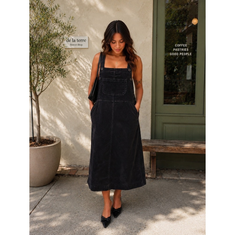 Monki Black Corduroy Overall Midi Dress Size Small Button Side Pinafore